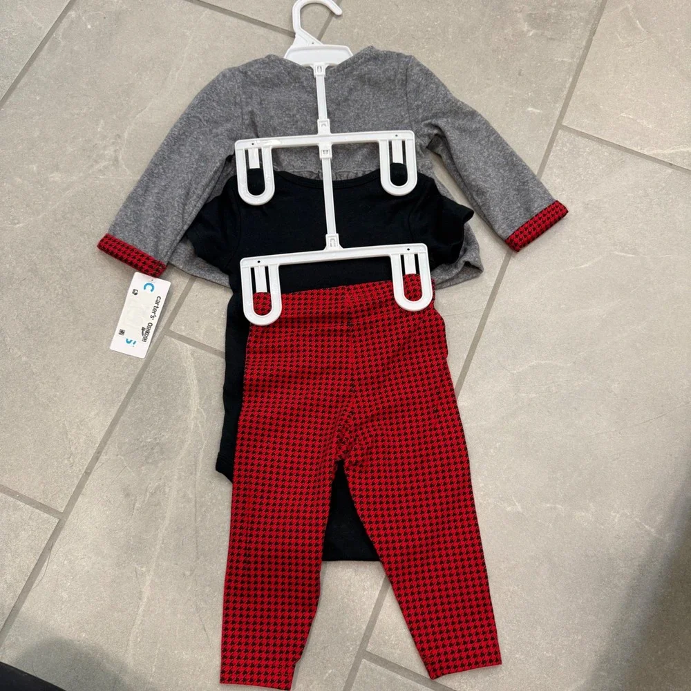 Carters Baby Girl 3 Piece Set Grey Cardigan Black Bodysuit Red Houndstooth 12M